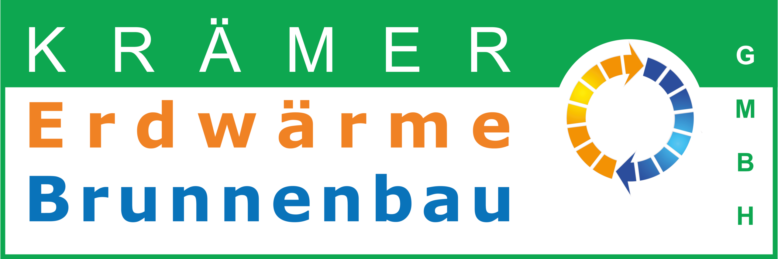 Logo für Krämer Erdwärme Brunnenbau. Der Text ist in Grün, Orange und Blau gehalten, ergänzt durch eine kreisförmige, mehrfarbige Grafik und die Buchstaben „GmbH“, die rechts vertikal ausgerichtet sind.