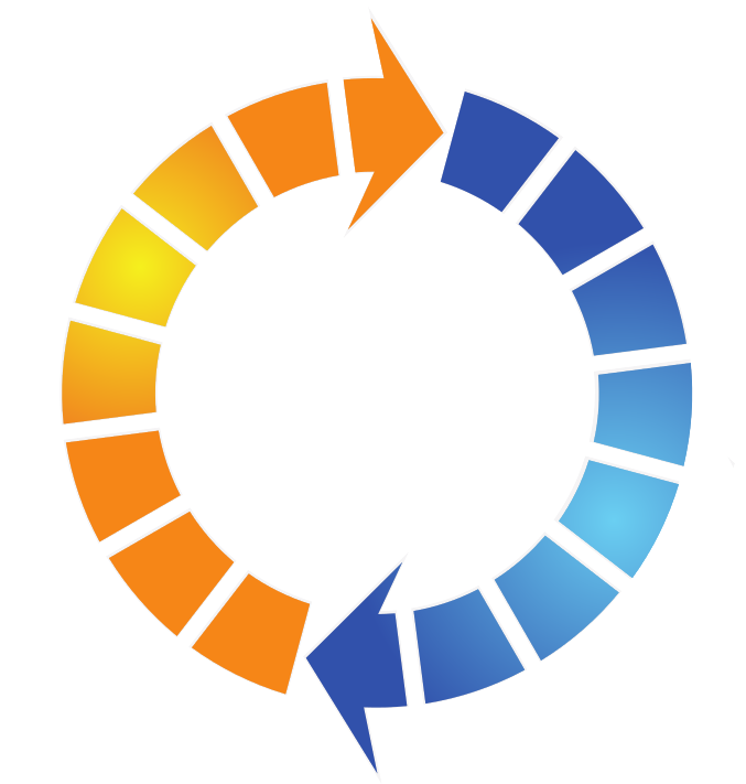 Ein kreisförmiges Diagramm mit orangefarbenen und blauen Pfeilen, die eine Schleife bilden und in Abschnitte unterteilt sind, was einen fortlaufenden Prozess oder Zyklus symbolisiert.