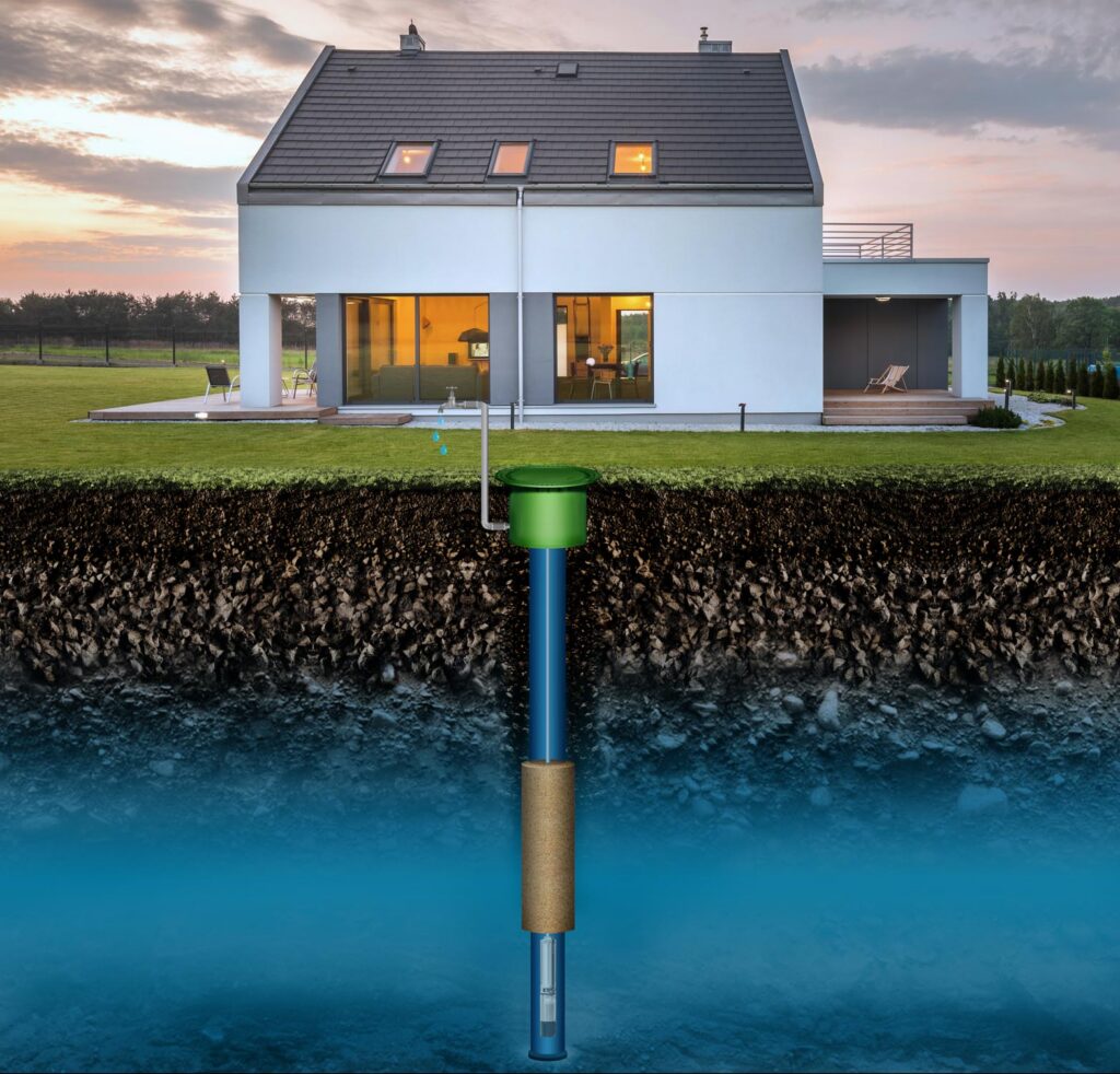 Ein modernes Haus mit einem Querschnitt, der die unterirdische Anlage zeigt: ein Brunnensystem zur Grundwassergewinnung, dessen Leitungen unterirdisch mit dem Haus verbunden sind.