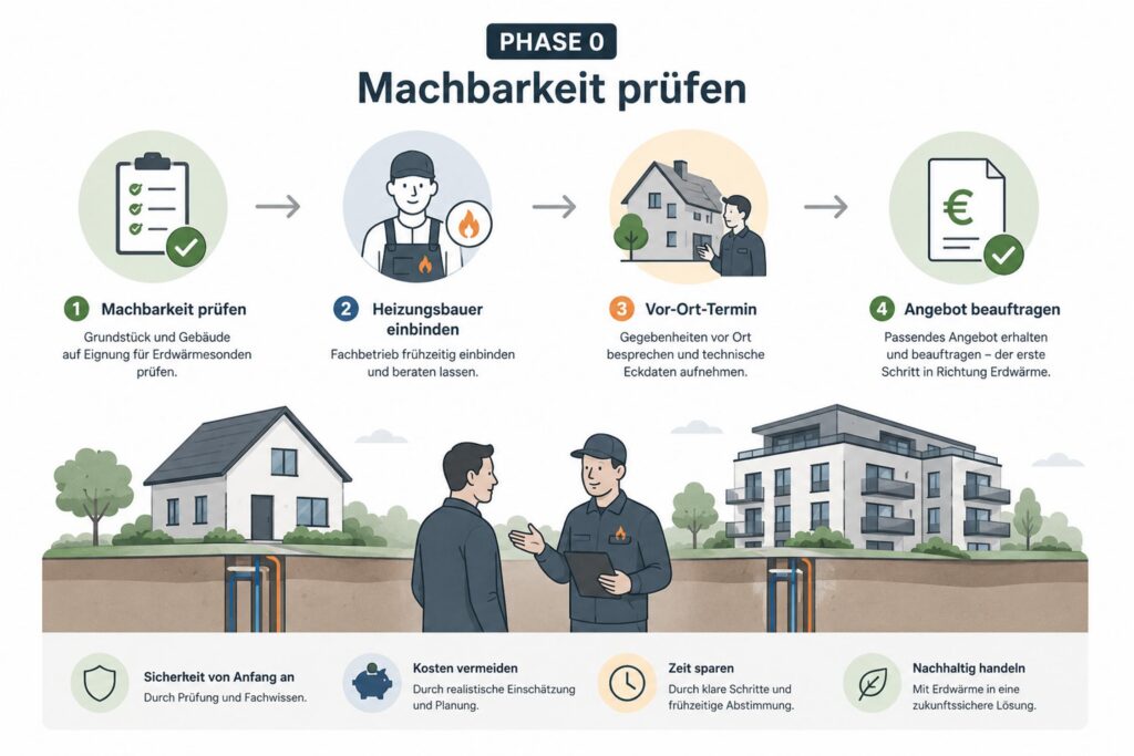 Infografik zur Erläuterung der Schritte zur Prüfung der Machbarkeit von Heizungsprojekten für Privathaushalte, einschließlich Symbolen und Abbildungen zur Bewertung, zur Beratung durch Heizungsexperten zu Lösungen wie Erdwärmesonden, zur Begutachtung vor Ort sowie zur Einholung eines Angebots mit den Vorteilen am Ende.
