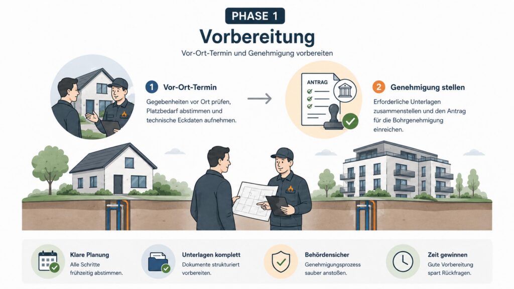 Abbildung zu Phase 1: Vorbereitungen für den Bau, mit Personen, die sich vor Ort treffen, ein Antragsformular für Erdwärmesonden ausfüllen, sowie Symbolen, die eine klare Planung, vollständige Unterlagen, die Kommunikation mit den Behörden und die Bearbeitungszeit für die Genehmigung verdeutlichen.