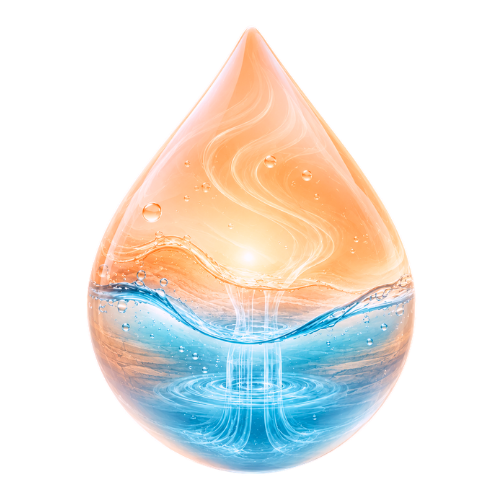 Ein durchscheinender Wassertropfen, dessen untere Hälfte blau und dessen obere Hälfte orange ist und der wirbelnde Muster und Blasen enthält, die die dynamische Energie einer Erdwärmebohrung vermitteln, vor einem weißen Hintergrund.
